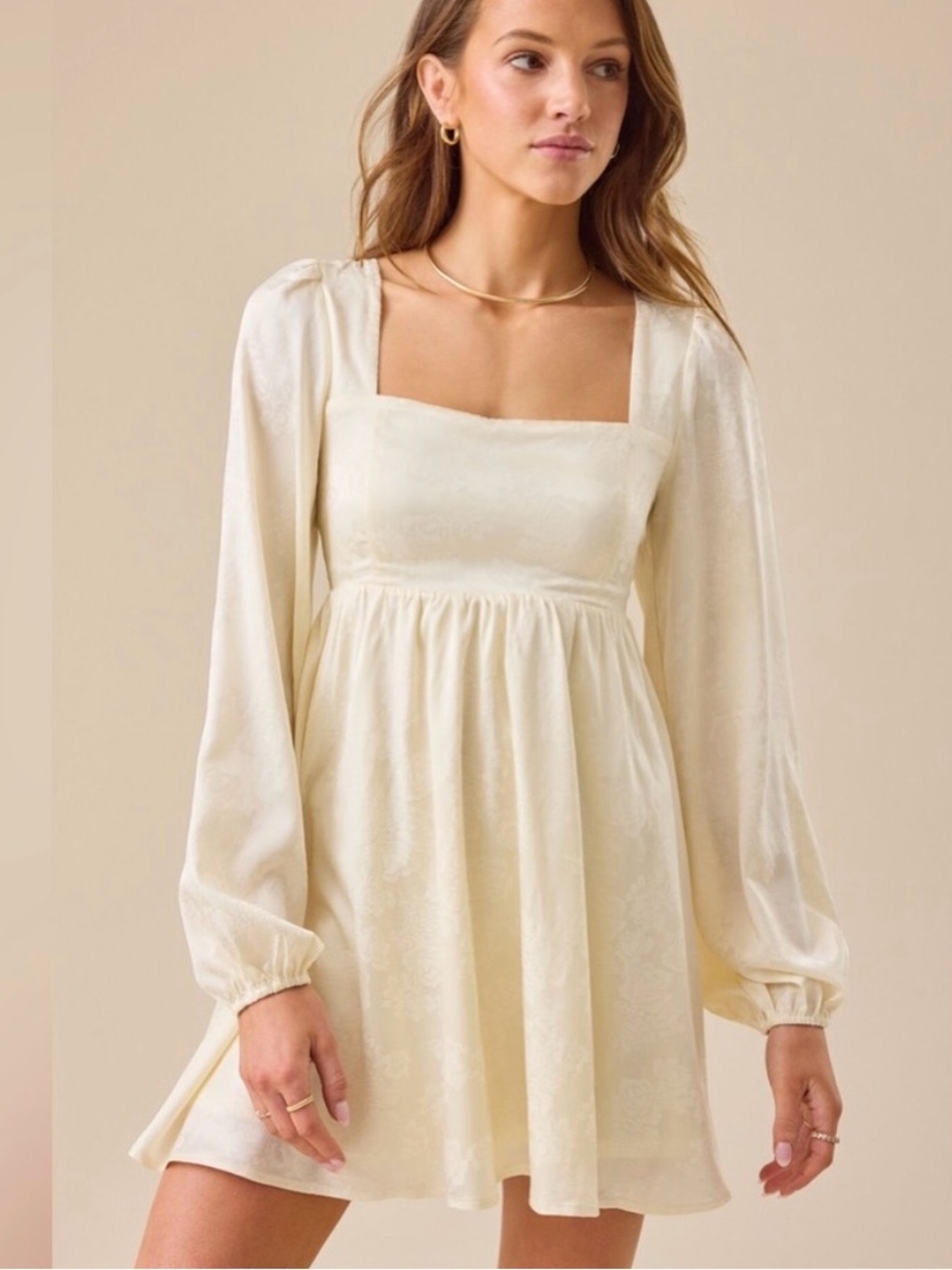 Altar'd State Alexa Ivory Floral Jacquard Long Sleeve Mini Dress Sz S Boho Chic